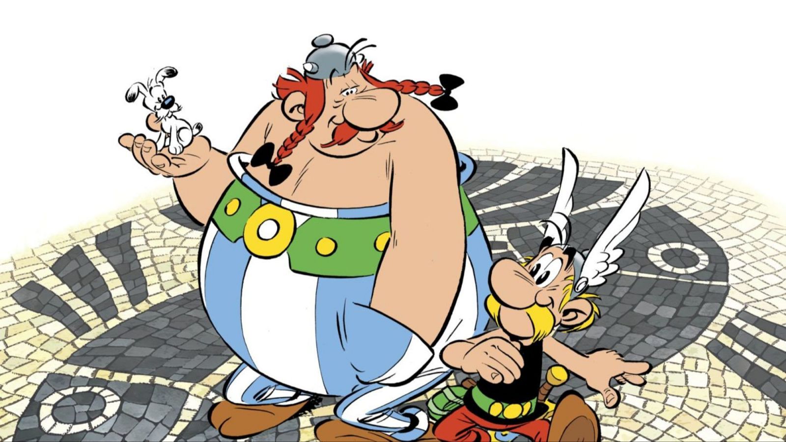 Detalle de portada: Obélix, con perro blanco, y Astérix, con casco, sobre mosaico.  Personajes de cómic europeo.