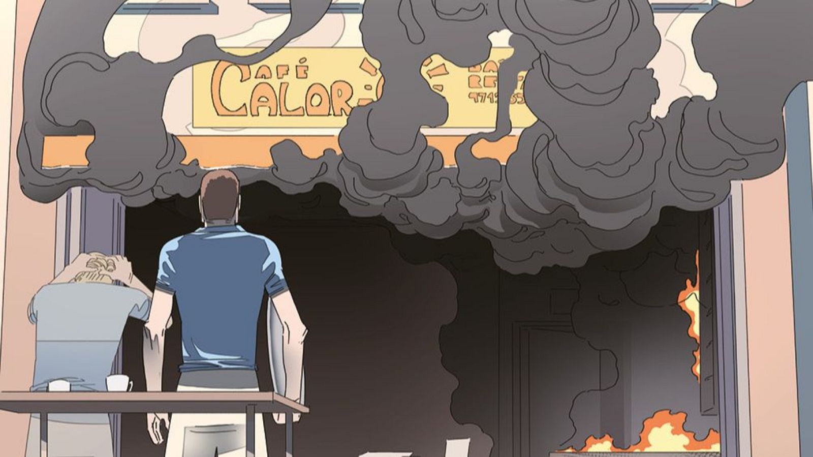 Incendio en un café; dos personas, de espaldas, observan las llamas y el humo negro desde una mesa con tazas.  Se ve parte del letrero con el número de teléfono 471455.