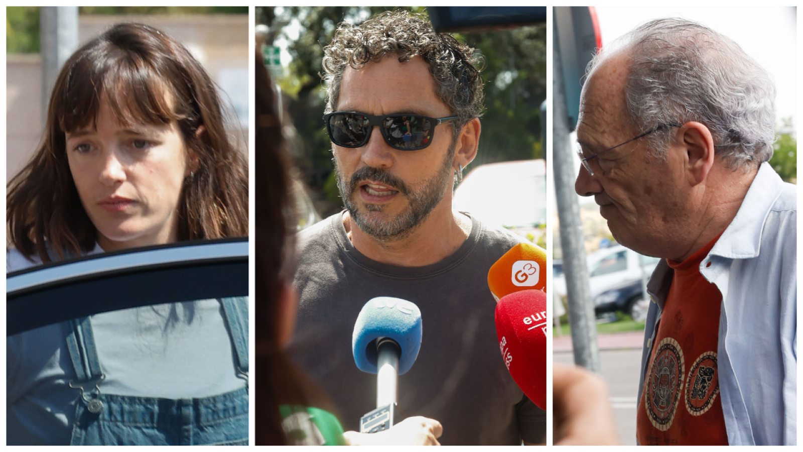 Imágenes de Susana Abaitua, Paco León y Carlos Olalla en un tanatorio. Abaitua en un coche, León con la prensa y Olalla de perfil.
