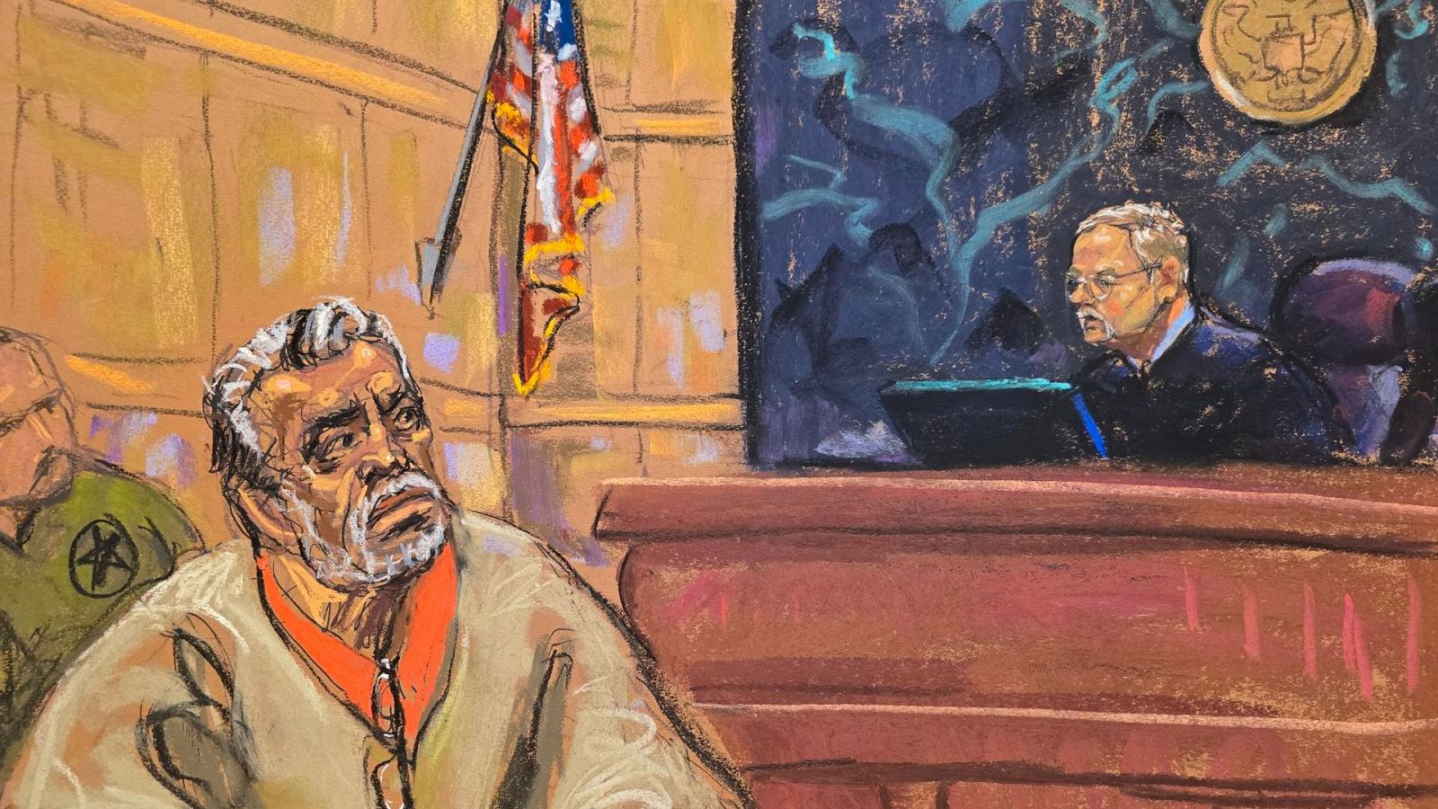 Dibujo del juez Brian Cogan frente al narcotraficante mexicano Ismael "el Mayo" Zambada