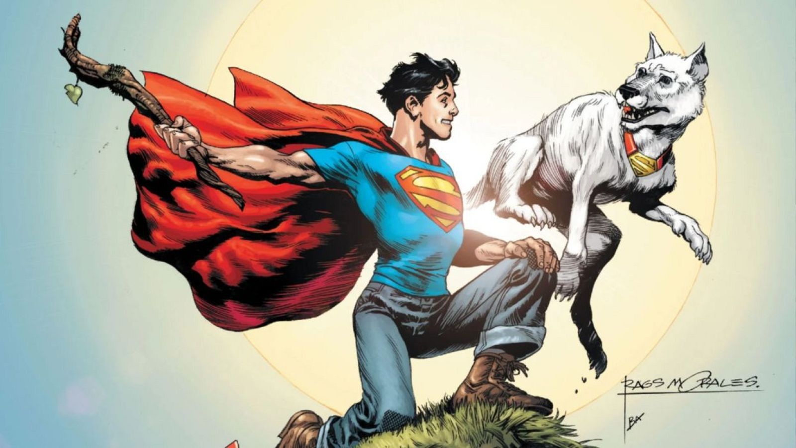 Superman en vuelo con capa roja y símbolo 'S', acompañado de un perro blanco con collar. Firma del artista en la esquina inferior derecha.