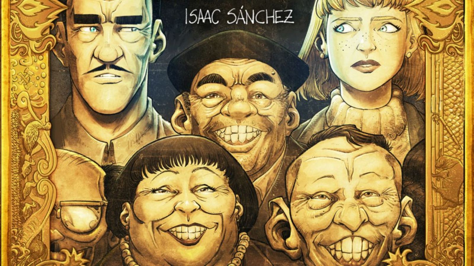 Portada de cómic con personajes caricaturescos, expresiones variadas y marco dorado ornamentado. Estilo de dibujo clásico en tonos sepia. Título: "Buena gente".