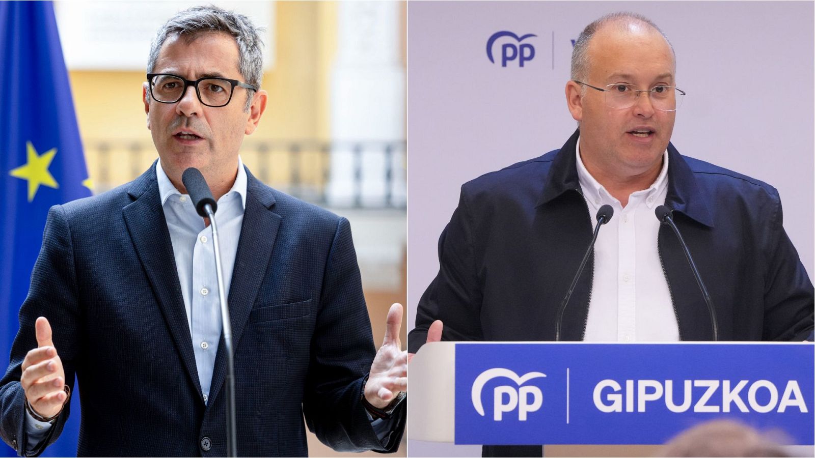 El ministro de la Presidencia, Justicia y Relaciones con las Cortes, Félix Bolaños, y secretario general del Partido Popular, Miguel Tellado, en dos comparecencias ante los medios.