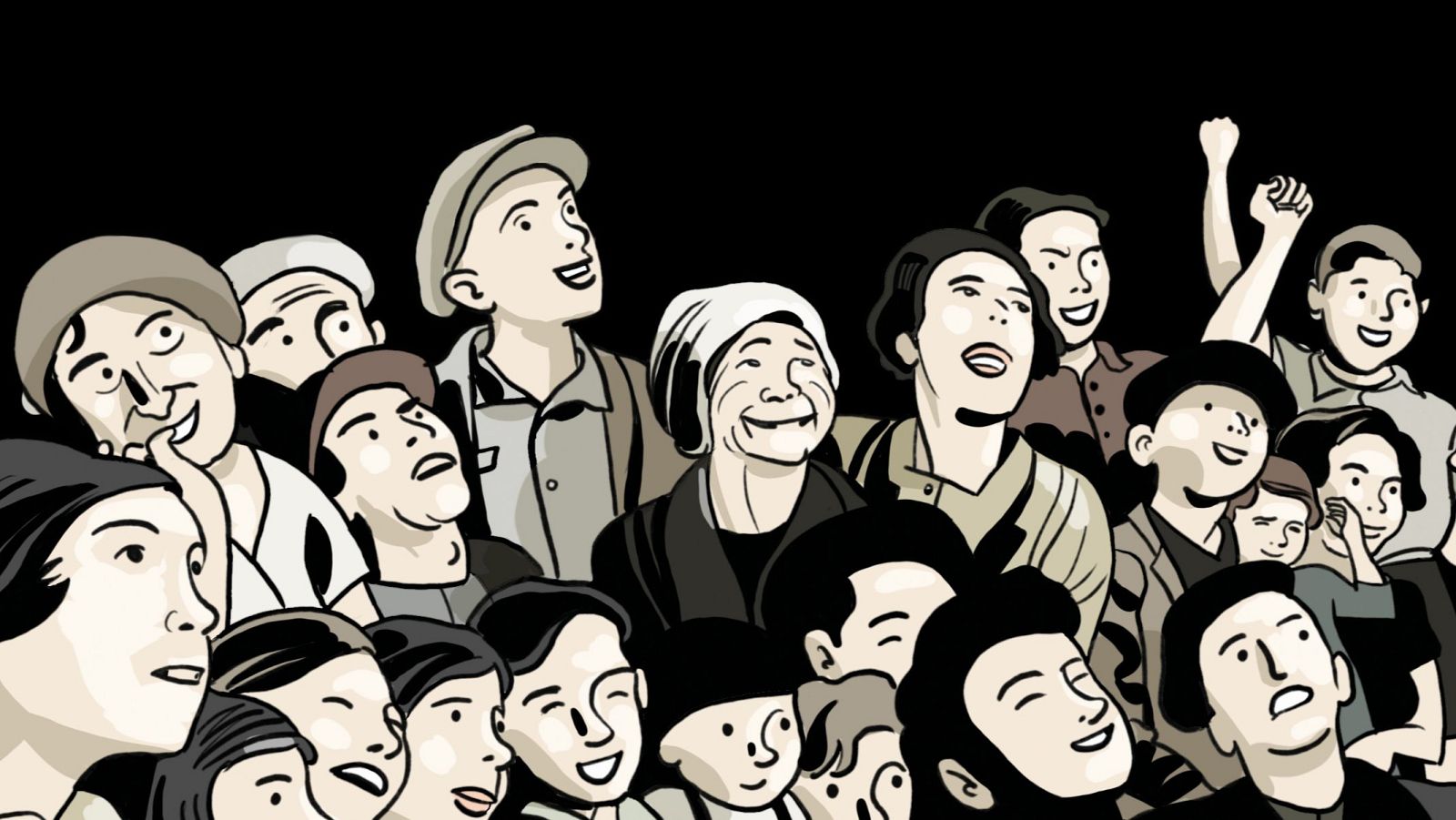 Multitud mirando hacia arriba con asombro, ropas sencillas, estilo de dibujo simple en blanco, negro y sepia.  Escena de época.