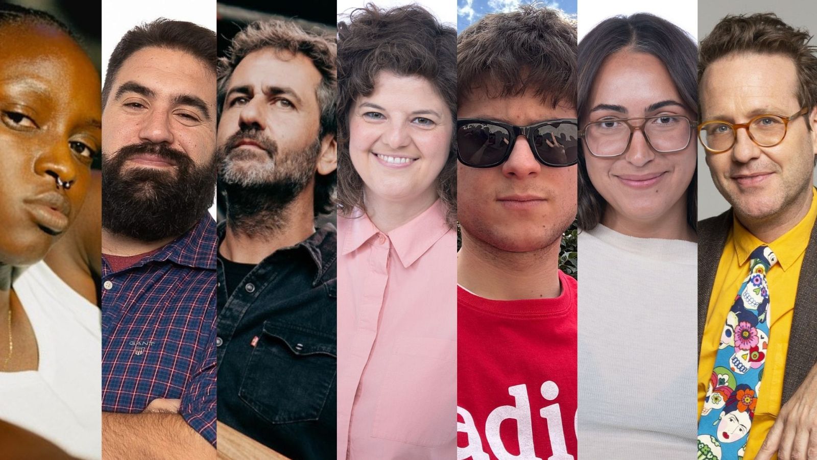 Siete retratos, posiblemente presentadores de radio, con diferentes estilos y edades.  Algunos llevan gafas; uno, camiseta con la palabra "adi".