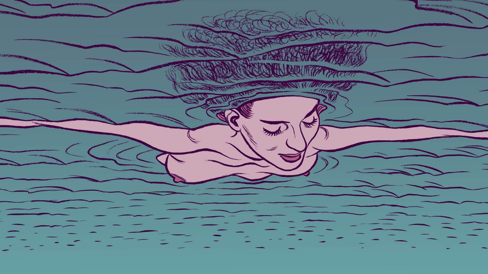 Mujer nadando, rostro y torso desnudos visibles, cabello oscuro flotando en agua verde azulada. Ilustración estilo cómic, expresión serena.