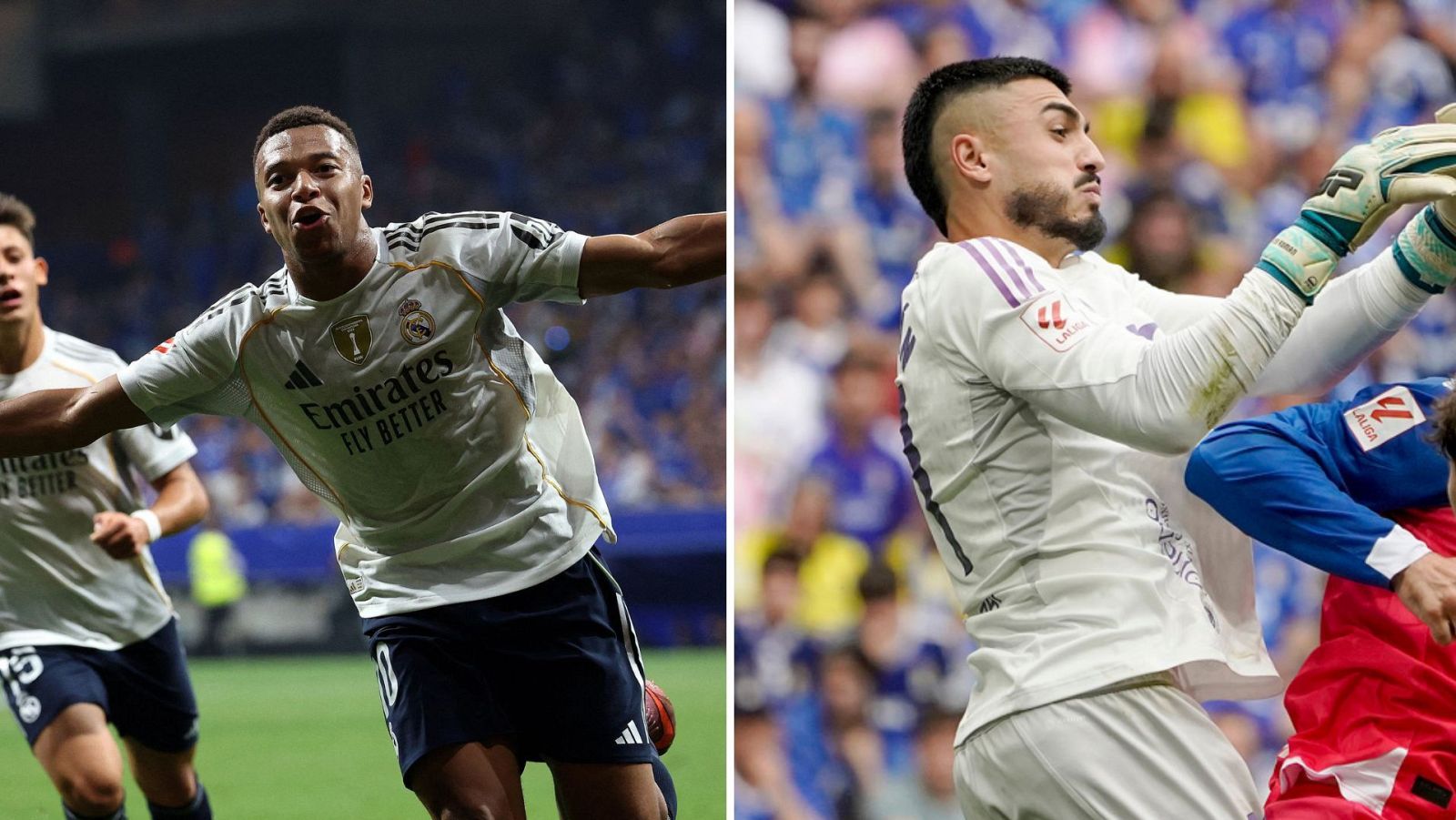 Imágenes de un partido de fútbol: Mbappé celebra un gol con la camiseta del Real Madrid y un portero, con equipación blanca y guantes verdes, intenta detener un balón. Un jugador con camiseta roja también aparece.