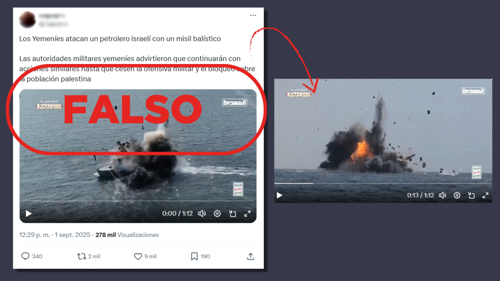 No es un ataque actual de Yemen sobre un petrolero israelí, es un vídeo de 2024