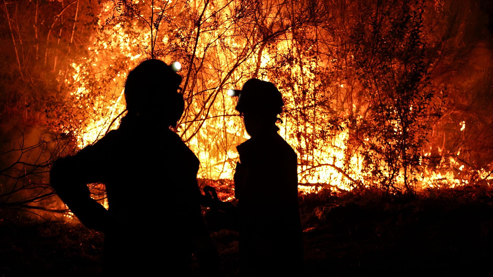 Bomberos forestales antes las grandes llamas del incendio en Aguasmestas, una parroquia del municipio de Quiroga, en la provincia de Lugo.