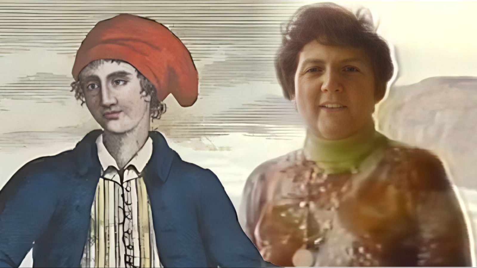 Grabado de Jeanne Barret (siglo XVIII) junto a fotograma de Ángeles Alvariño. Ambas mujeres, con vestimentas distintas, parecen formar parte de un programa de temática científica o histórica.