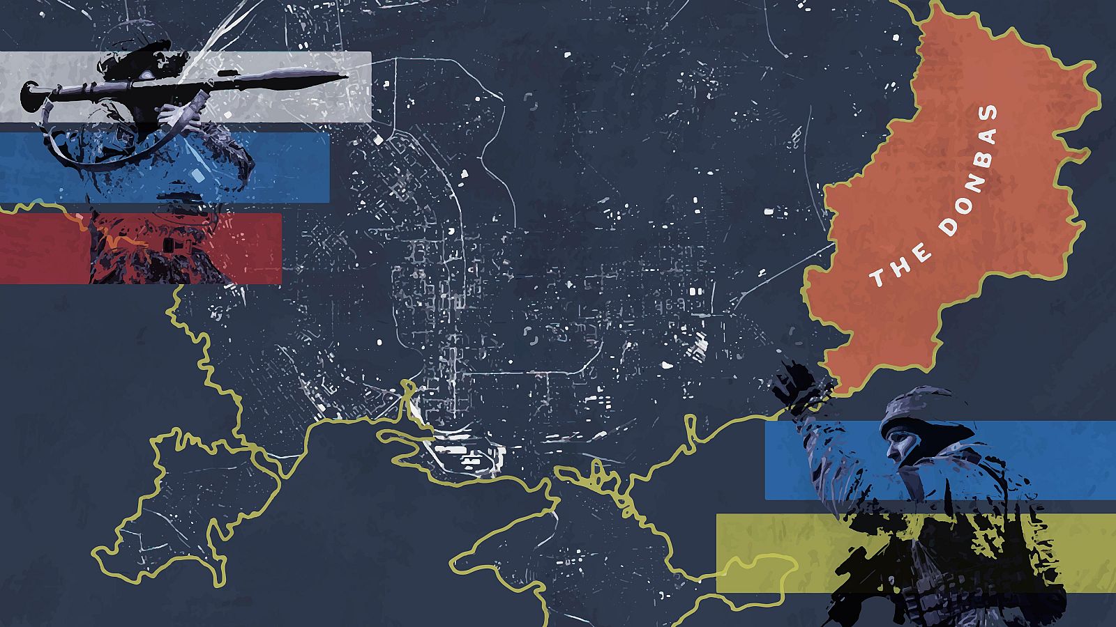 Ilustración de un mapa de Ucrania con las áreas delimitadas que comprenden la región del Donbás