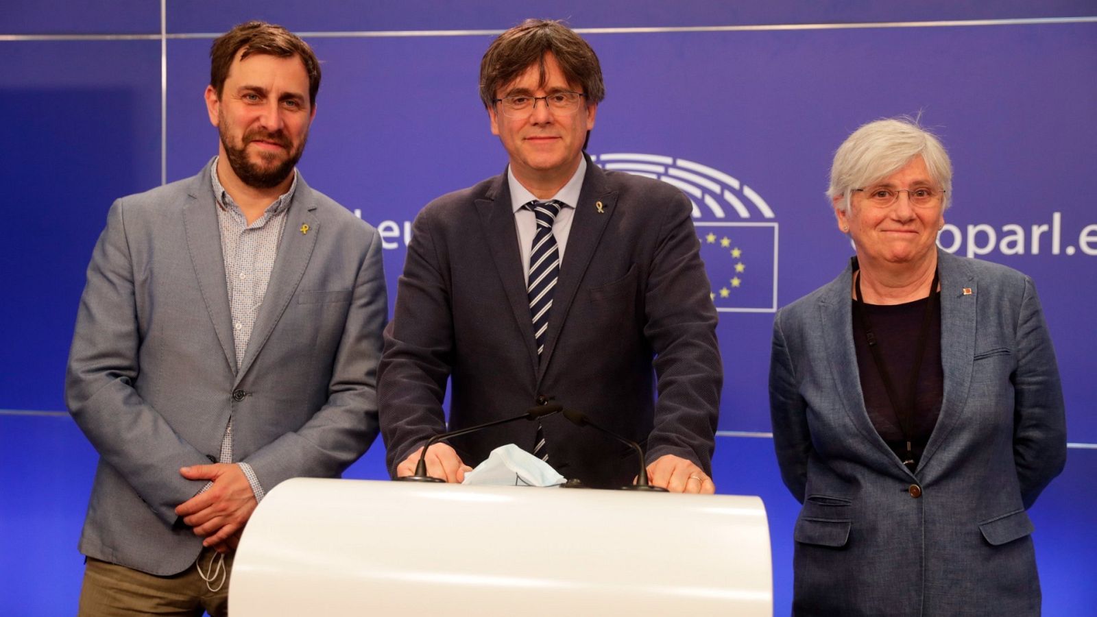Los exeurodiputados catalanes Toni Comín, Carles Puigdemont y Clara Ponsatí en una imagen de archivo