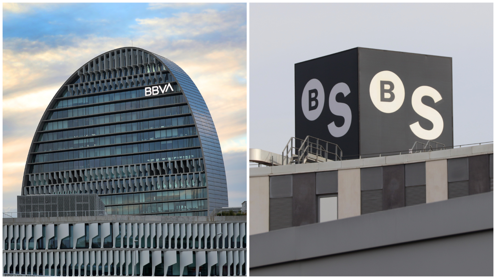 Dos edificios corporativos modernos; uno con el logo de BBVA en blanco y otro con un letrero cúbico "BS" en blanco sobre negro.