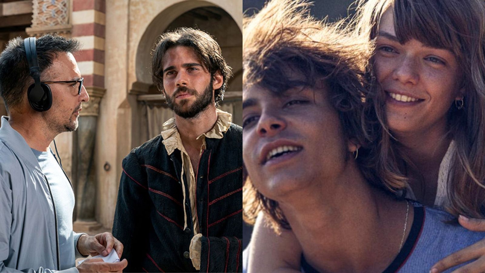 Alejandro Amenábar dirige una escena de época mientras una pareja sonríe en un exterior soleado.  Ambas imágenes pertenecen a las películas 'El cautivo' y 'Romería',  representando el inicio de una temporada destacada del cine español.