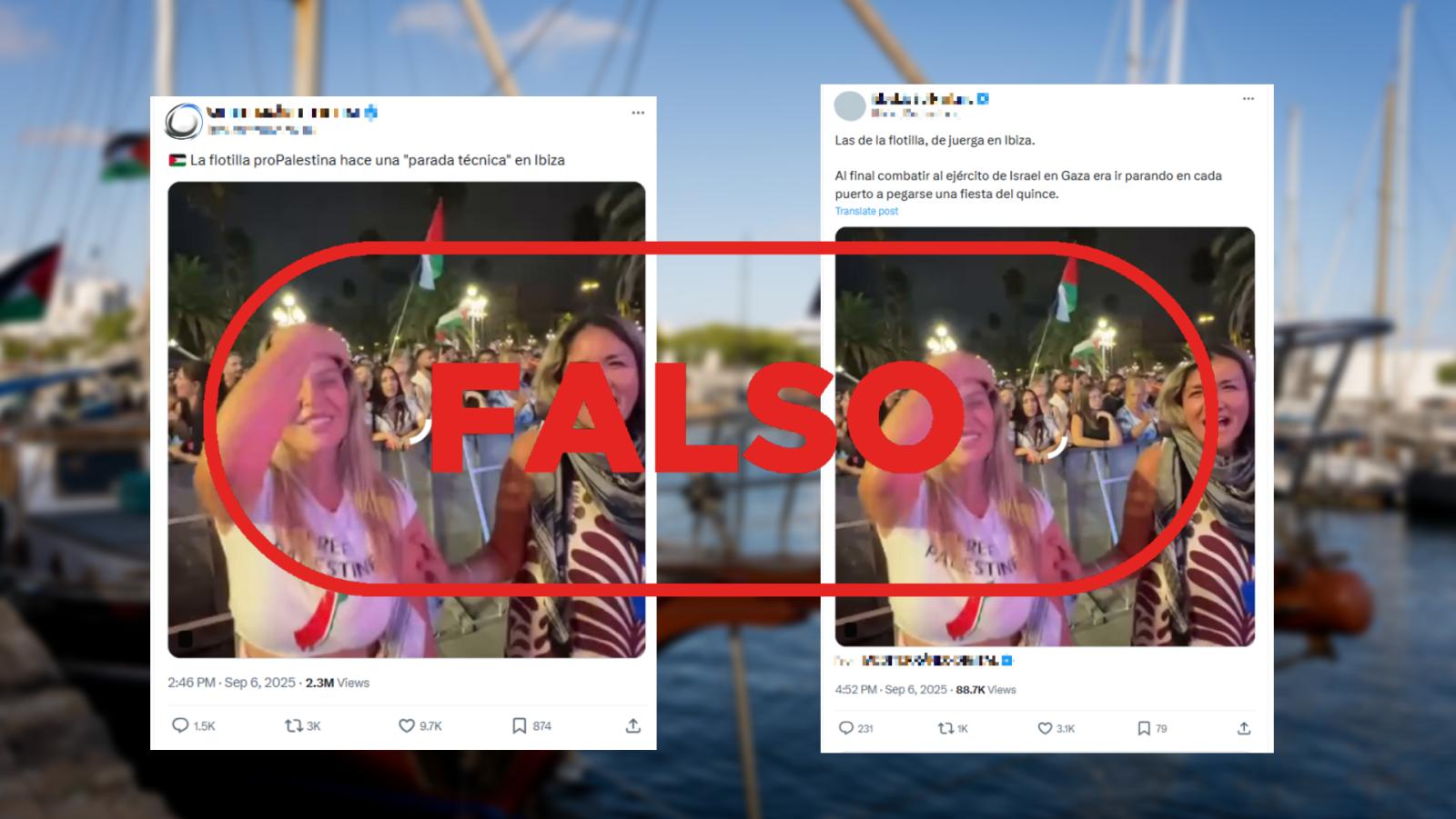 Mensajes que difunden el vídeo de los activistas de la flotilla en Barcelona y lo presentan como si estuvieran de fiesta en Ibiza