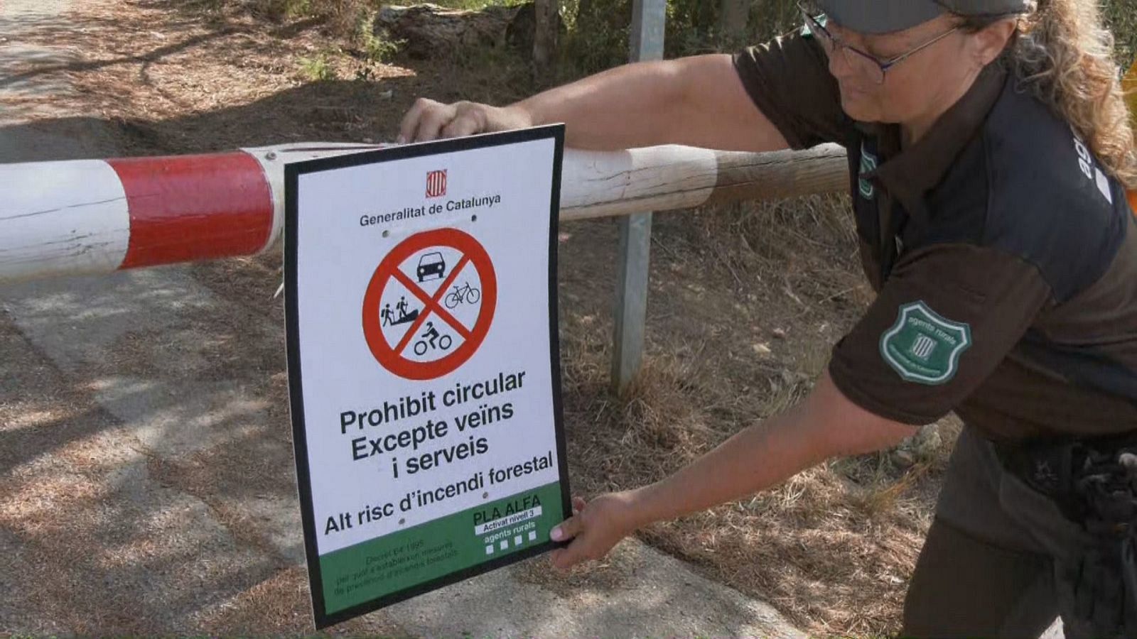 Una agent rural col·loca un cartell de prohibit el pas per l'alt risc d'incendi forestal a la zona.