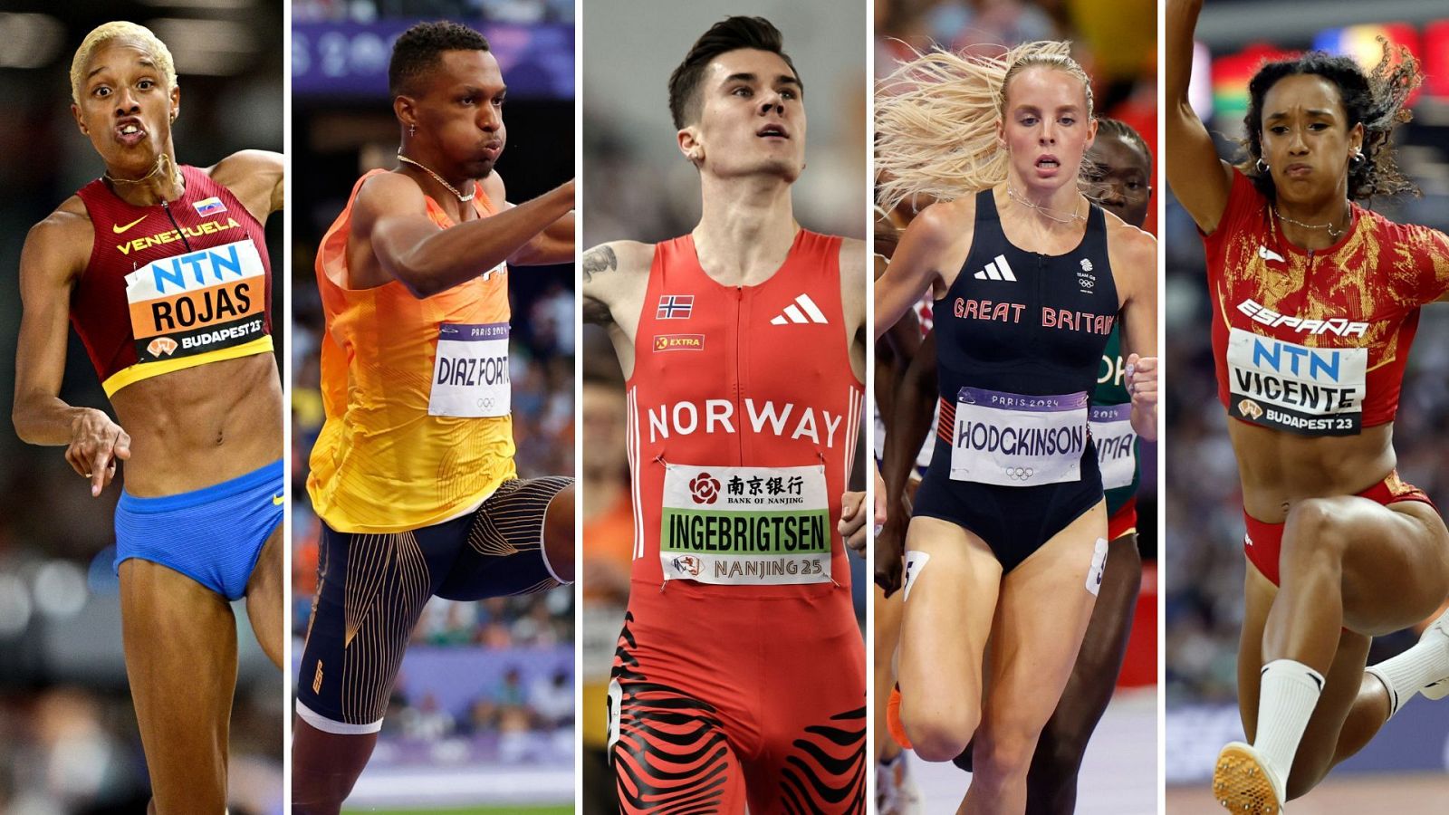 Fotocomposición con los atletas Yulimar Rojas, Jordan Díaz, Jakob Ingebrigtsen, Keely Hodgkinson y María Vicente (de izquierda a derecha)