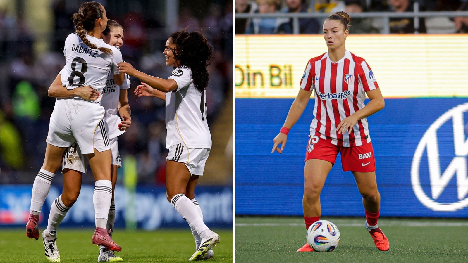 Composición con imágenes del Real Madrid (izquierda) y el Atlético en sus partidos de la fase previa de la Champions femenina