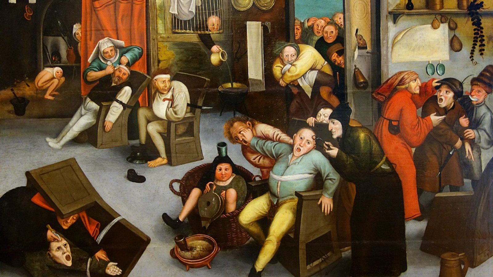 Escena caótica de una supuesta operación para extraer la "piedra de la locura", con personajes vestidos con ropa de época, mostrando expresiones de asombro, miedo y curiosidad.