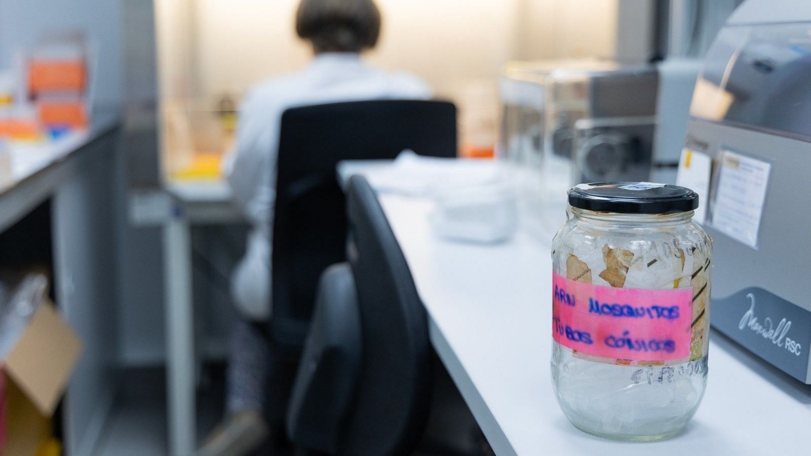 Imagen de un frasco con muestra del virus del Nilo