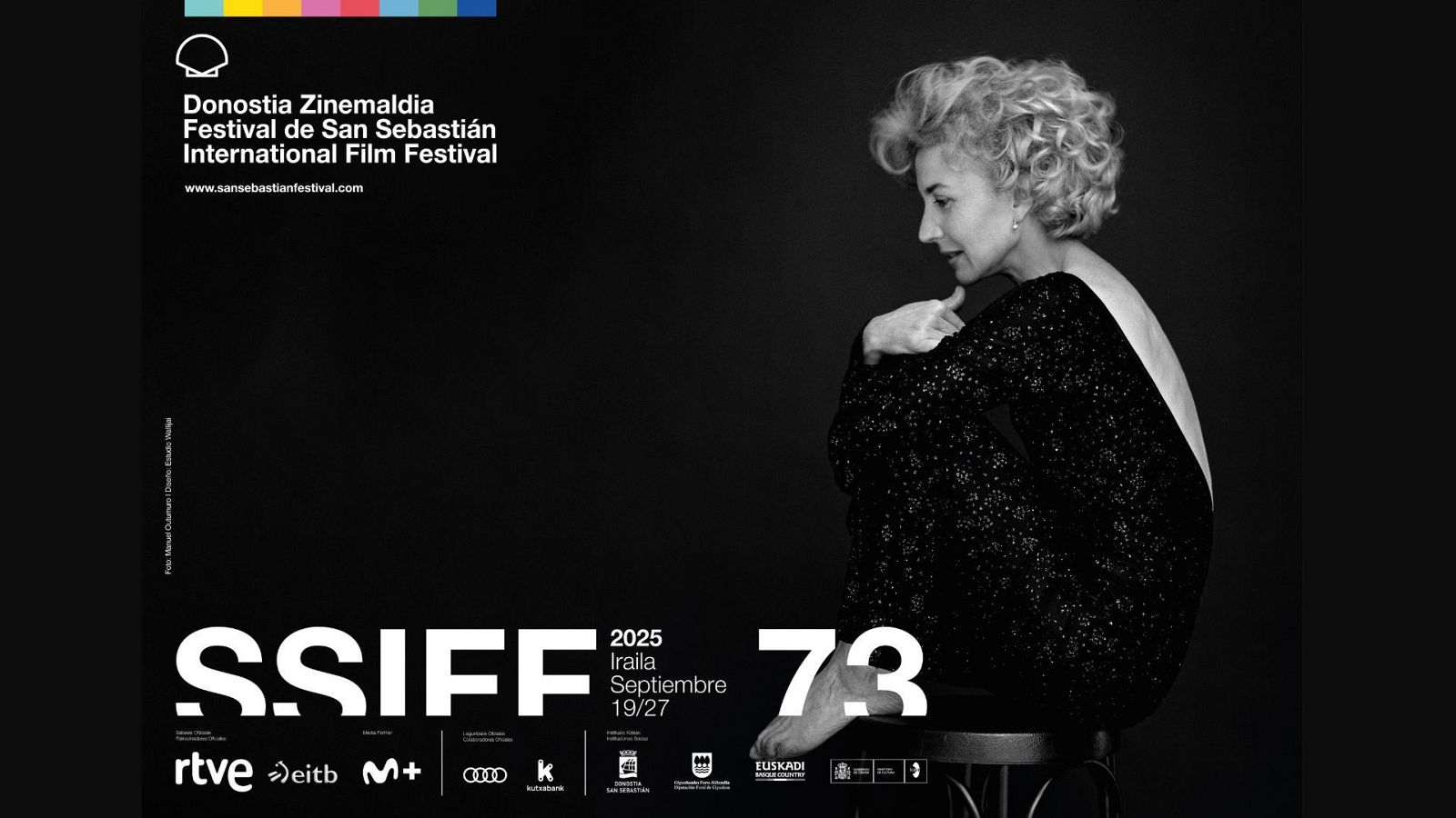 Imagen promocional del 73º Festival de San Sebastián (19-27 septiembre 2025).  Mujer con vestido oscuro sentada, logos de patrocinadores incluidos.