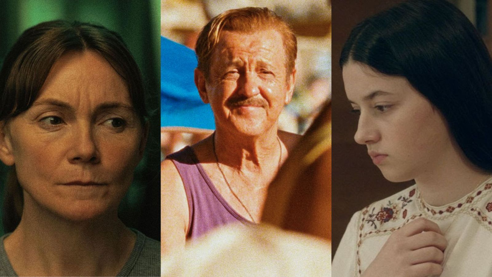 Primeros planos de tres personas: una mujer seria, Karra Elejalde sonriendo levemente y una joven pensativa.  Promoción del Festival de San Sebastián en RTVE Play.