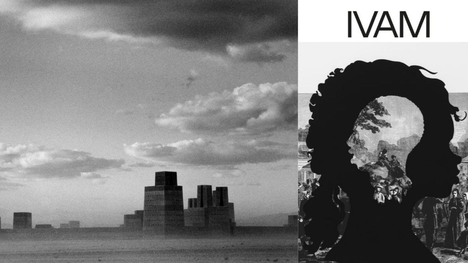 Fotografía de estructuras cúbicas en un paisaje desértico junto a una silueta de cabeza rizada sobre un grabado, con la palabra "IVAM" en la parte superior.  Ambas imágenes sugieren una conexión artística.