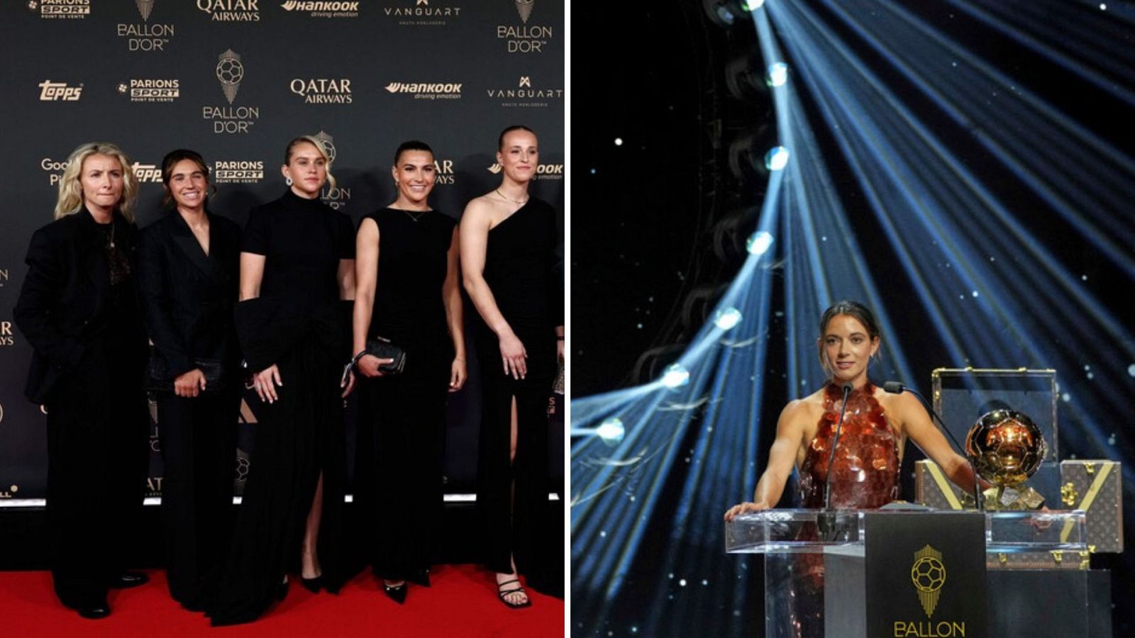 Gala del Balón de Oro femenino: cuatro mujeres en alfombra roja y la ganadora en escenario con el trofeo.