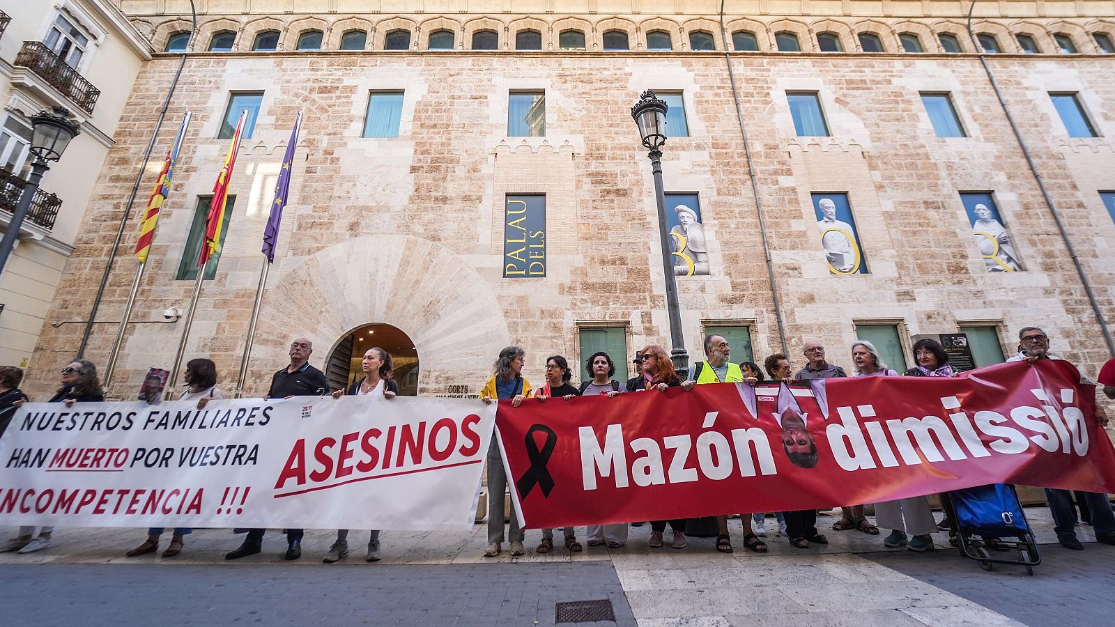 Víctimas de la dana se concentran ante Les Corts al grito de "Mazón dimisión".