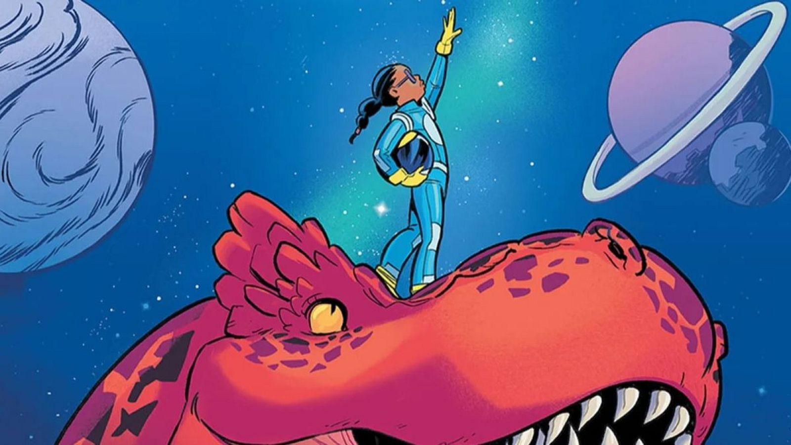 Moon Girl, sobre un dinosaurio rojo, señala algo en un espacio con planetas y estrellas. Ilustración estilo cómic.