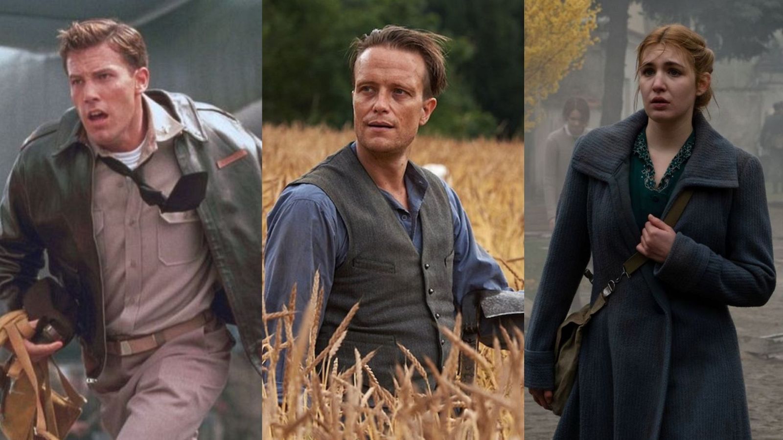 Imágenes de tres películas bélicas: un hombre corriendo, otro en un campo y una mujer en una calle desolada.  Ambientaciones que evocan diferentes conflictos bélicos.