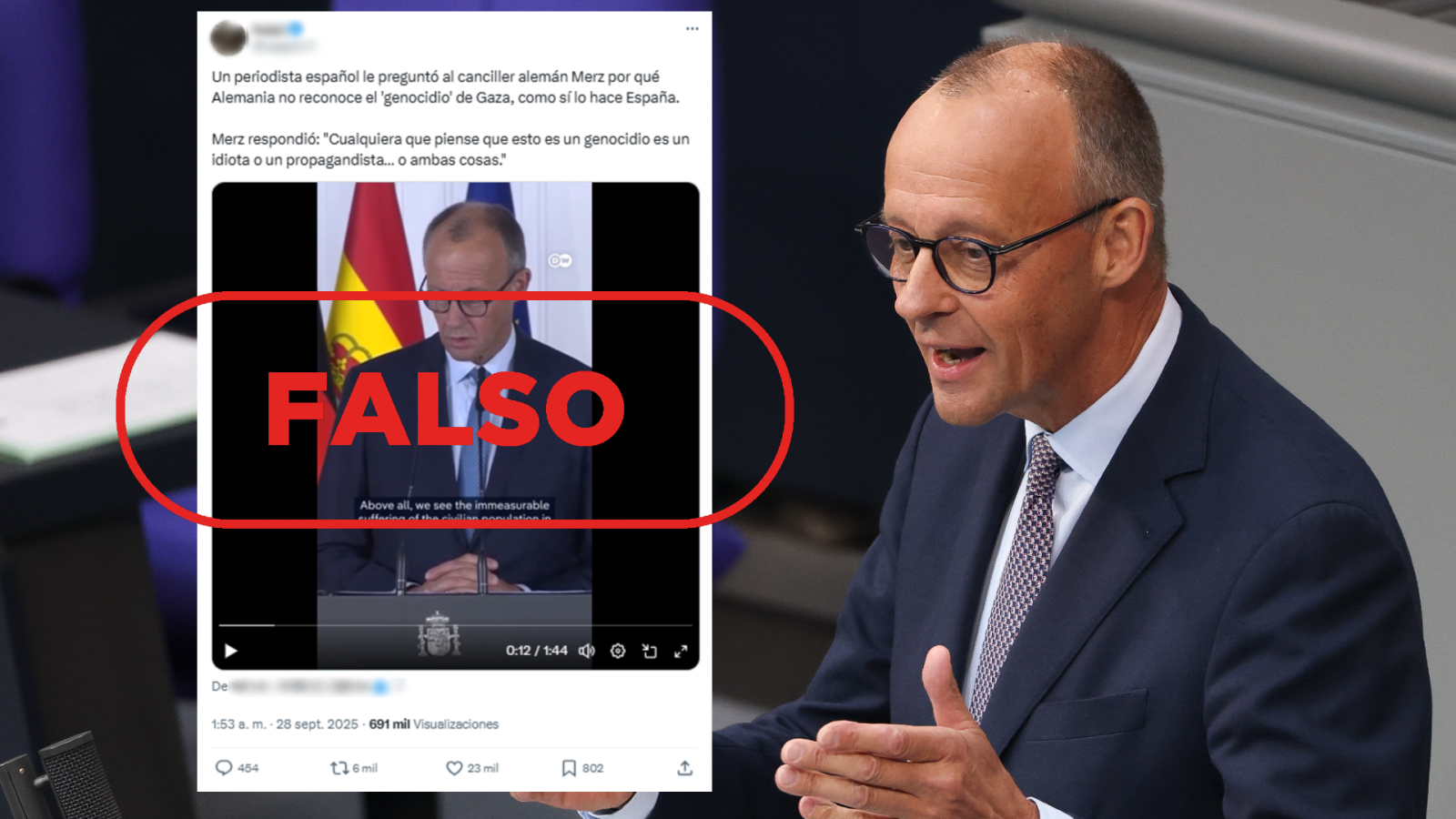 Merz no llama "idiotas" a quienes califican de "genocidio" la masacre en Gaza en el vídeo