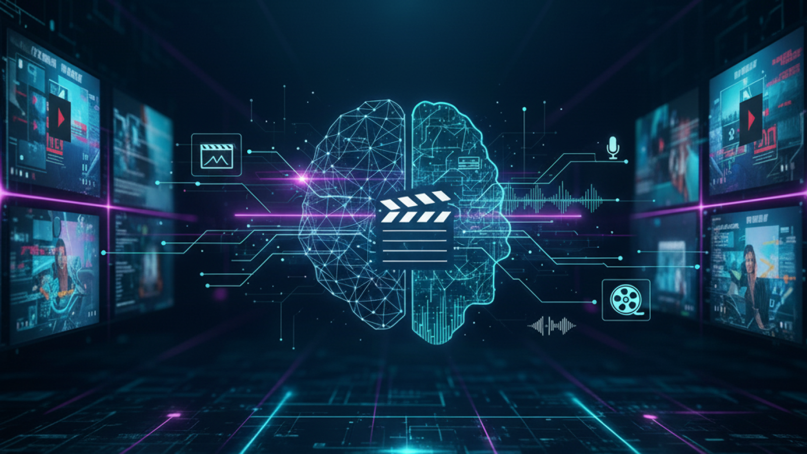 Una imagen digital muestra un cerebro conectado a pantallas con contenido audiovisual y elementos de producción, como una claqueta y un micrófono, promocionando un curso especializado.