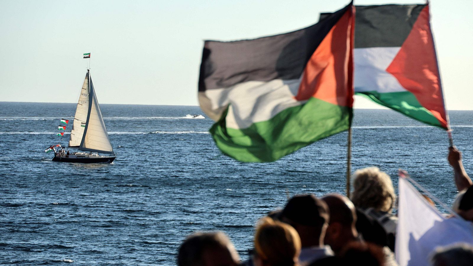Activistas ondean banderas palestinas en apoyo a la flotilla de Gaza