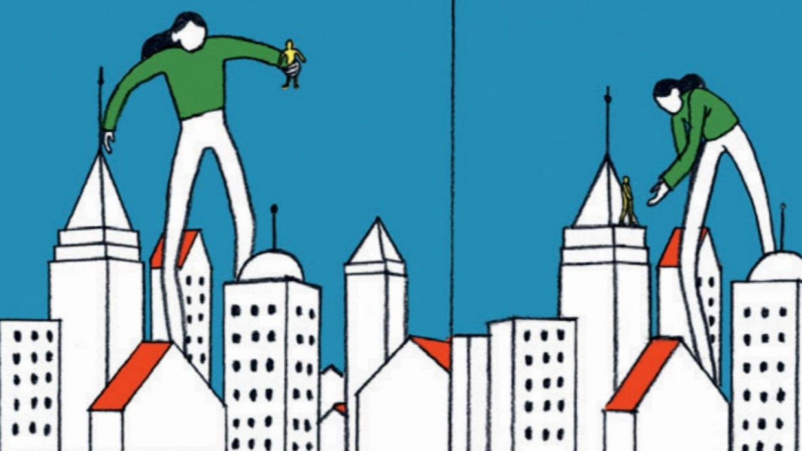 Dos viñetas de un cómic muestran a una figura femenina de gran tamaño interactuando con figuras humanas diminutas en un entorno urbano con edificios blancos y tejados rojos, bajo un cielo azul.