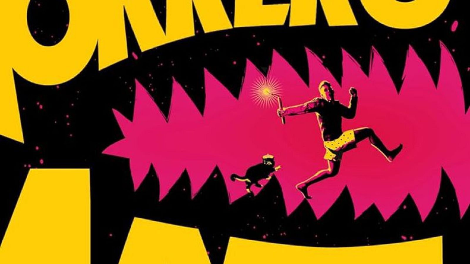 La portada de un libro presenta a un hombre saltando con una bengala, vestido con camisa oscura y pantalones cortos amarillos con lunares, sobre un fondo rosa con forma de dientes. Un gato negro con sombrero corre a su lado.