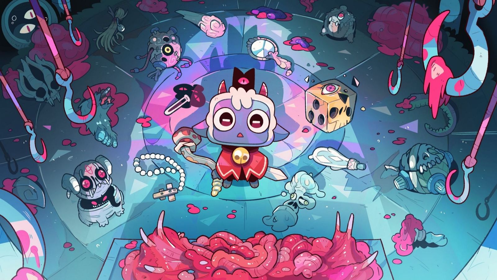 Un cordero antropomórfico de piel azulada y ojos rojos, vestido con una túnica roja y una corona negra, es el centro de una ilustración de estilo cómic. A su alrededor, flotan objetos y criaturas extrañas, creando una atmósfera surrealista e inquietante.