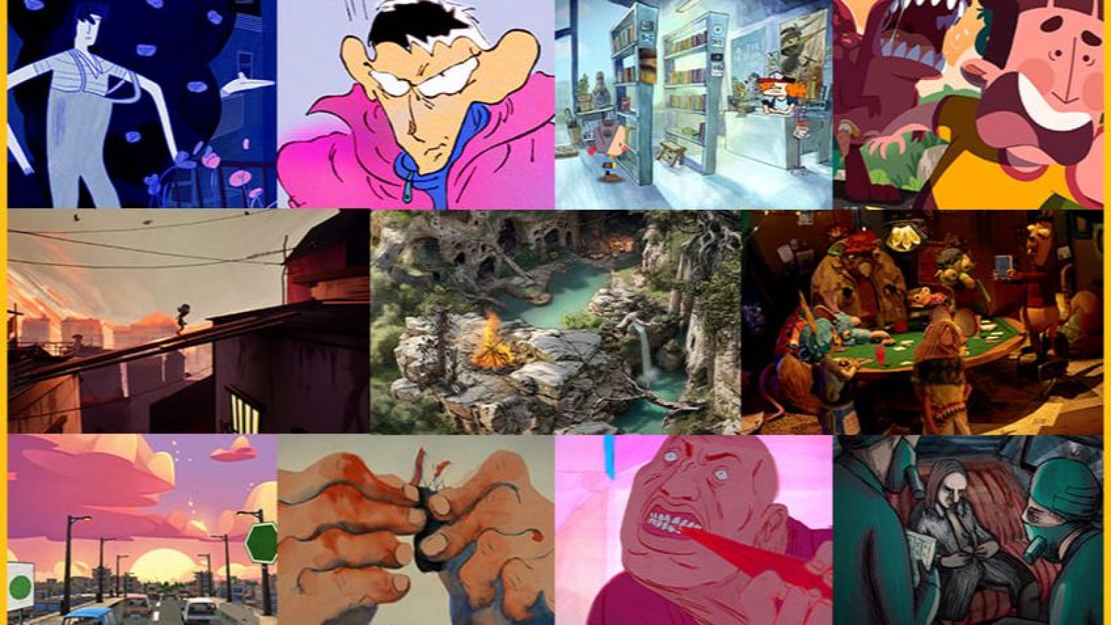 El collage muestra diversas ilustraciones con personajes y escenarios variados: un hombre azul rodeado de formas abstractas, un personaje de caricatura enfadado, una biblioteca, una escena cómica, una vista urbana, un paisaje natural con fogata, animales jugando a las cartas, una carretera, unas manos manipulando un objeto, un personaje amenazante y una escena oscura con máscaras.