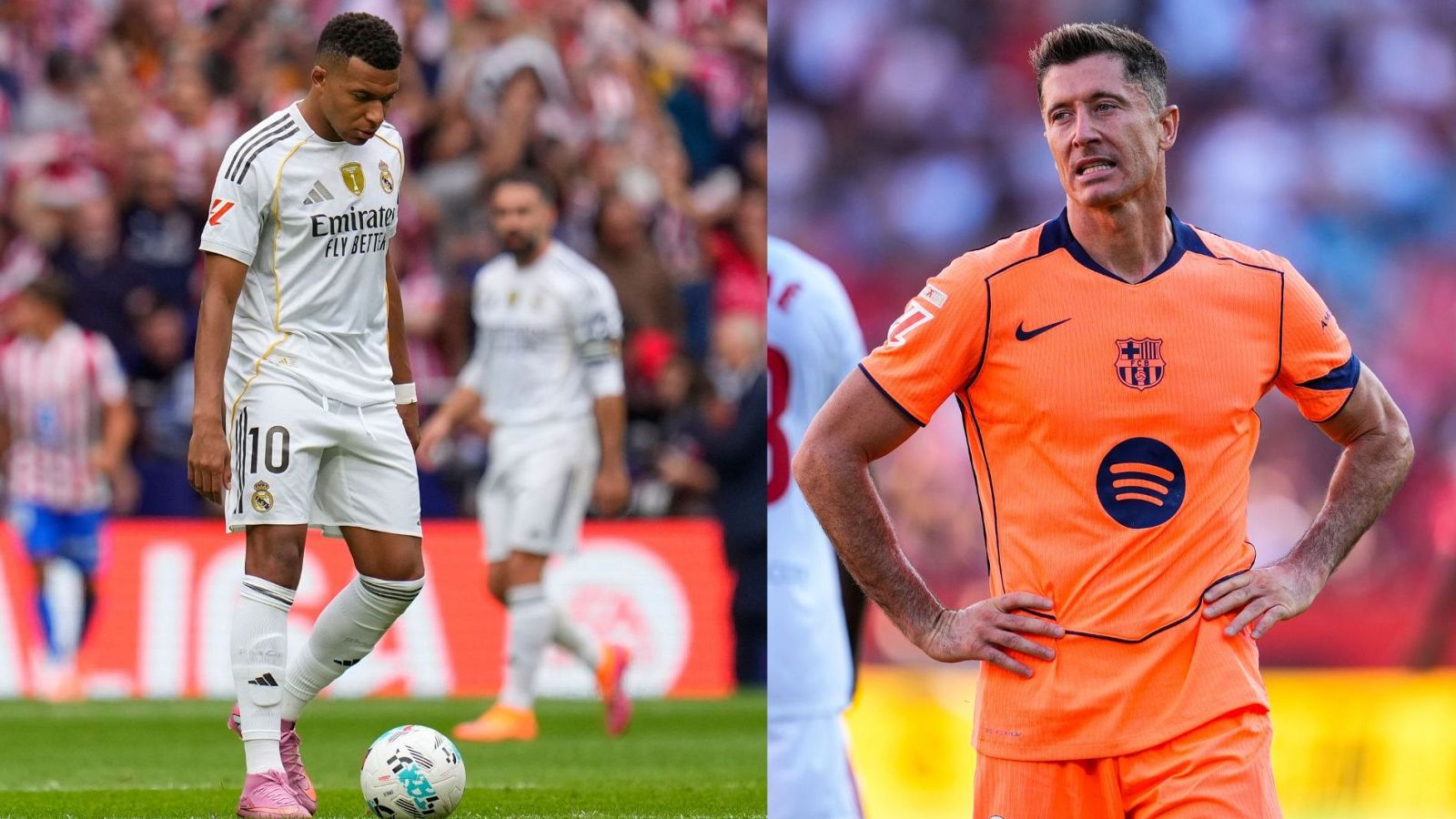 Dos futbolistas, uno con la camiseta blanca y número 10, y otro con la camiseta naranja, se preparan para jugar en un campo de fútbol, con el público de fondo.