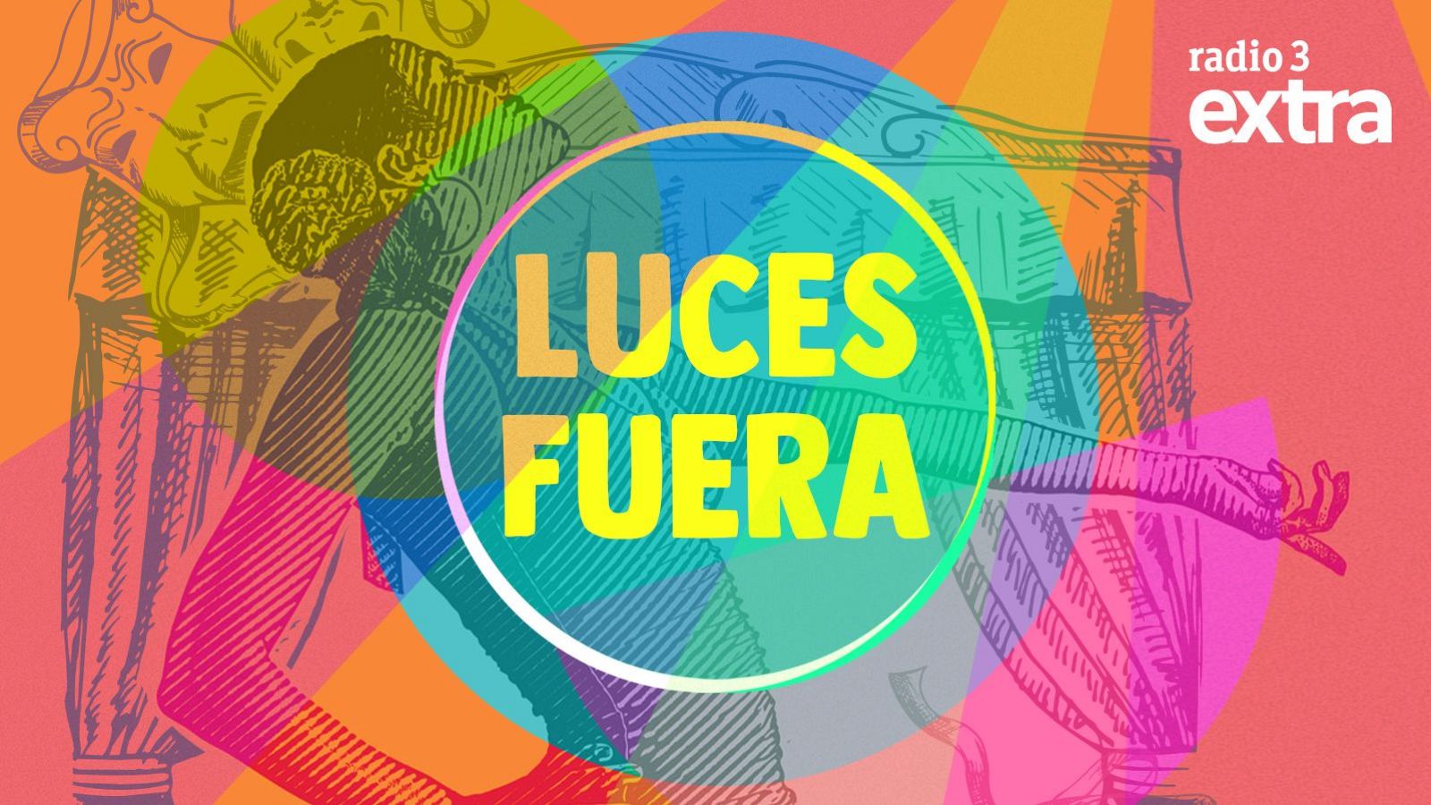 Ilustración colorida con un diseño gráfico que recuerda a un cartel. En el centro, un círculo contiene el texto "LUCES FUERA" en letras amarillas. Se observa la silueta de una persona reclinada sobre un fondo con formas geométricas y colores vivos.