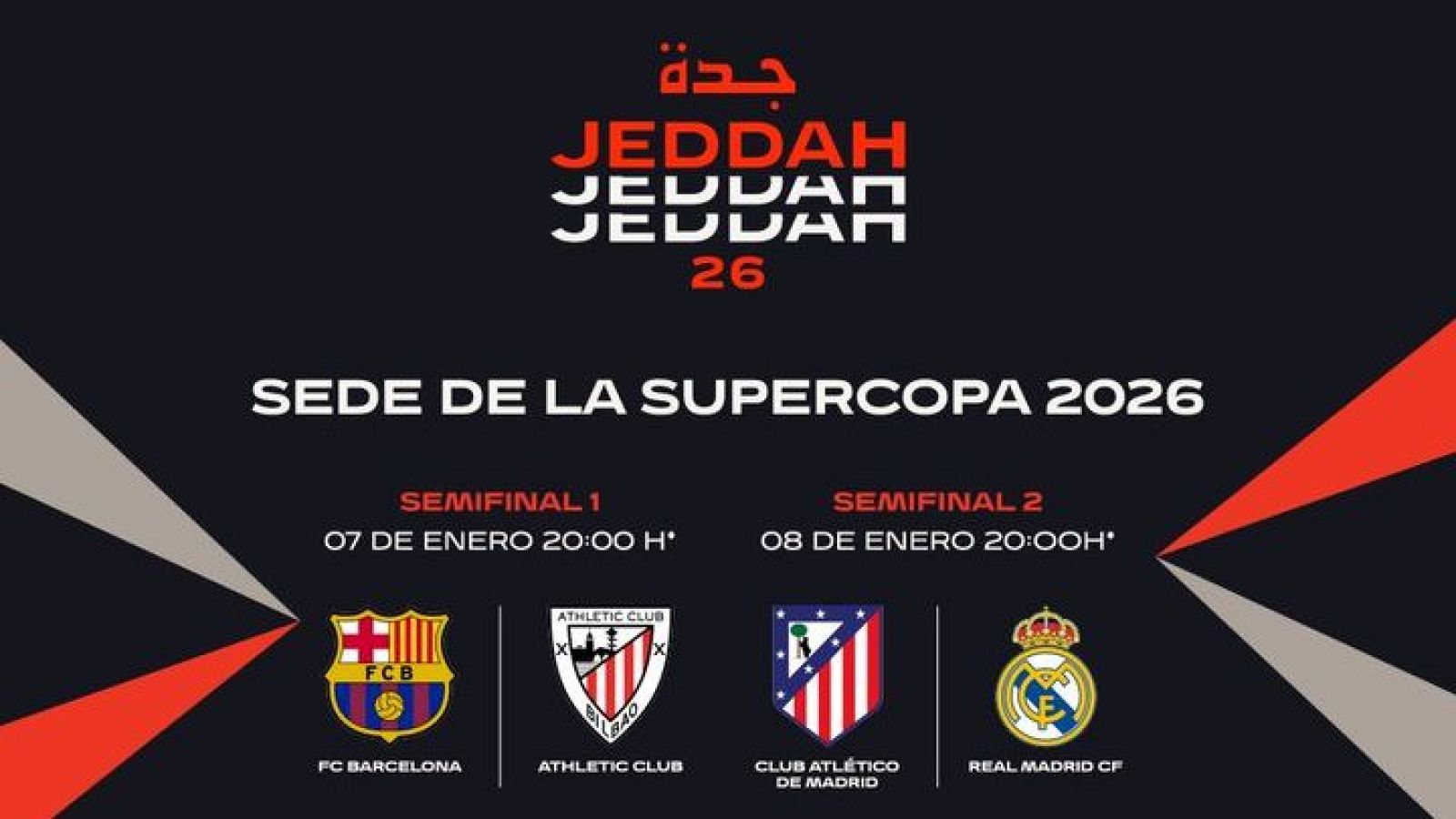 La semifinal de Supercopa Barça-Athletic se disputará el 7 de enero y la del Atlético-Real Madrid, el 8.