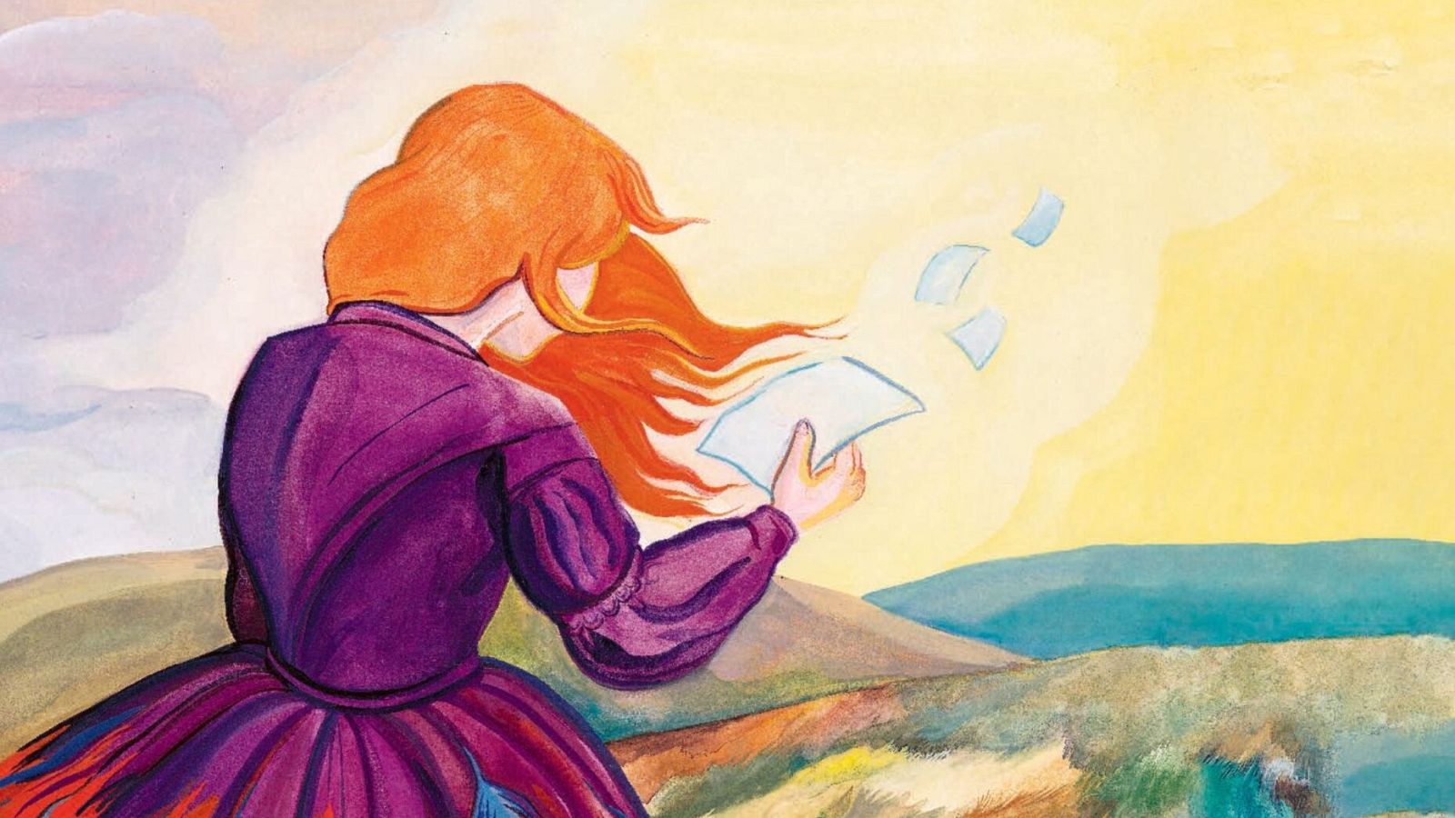 Una mujer con cabello pelirrojo y un vestido morado victoriano sostiene una carta, con hojas flotando en el aire, en un paisaje de colinas y un cielo con colores cálidos.