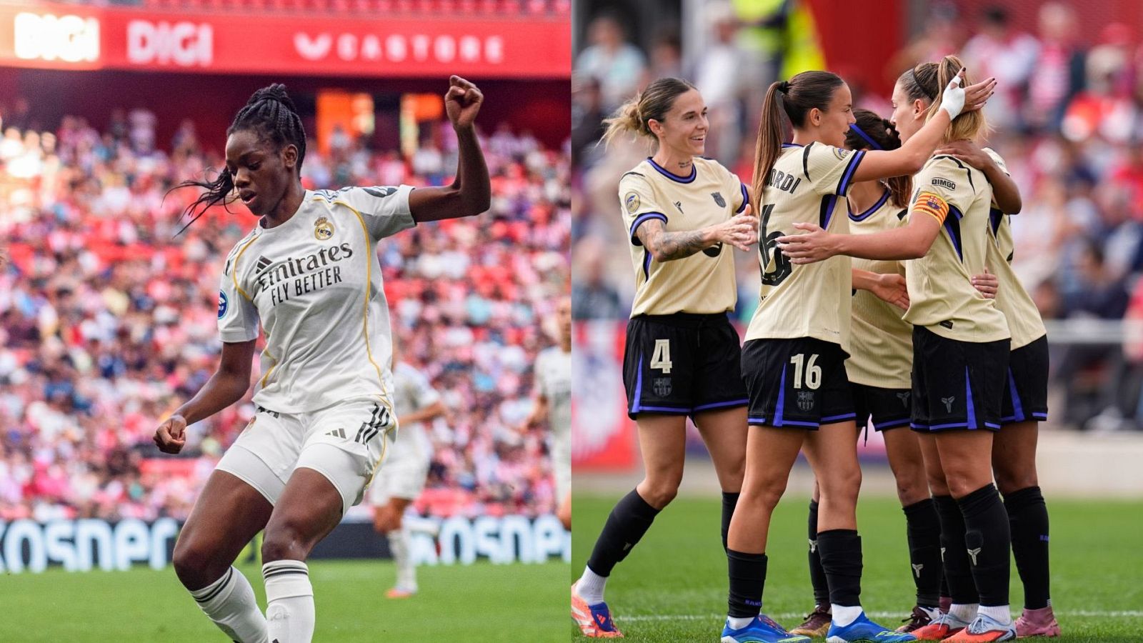 Dos escenas de fútbol muestran la celebración de goles y victorias. Una jugadora del Real Madrid celebra un gol con el puño en alto, mientras que jugadoras del Barcelona se abrazan tras un triunfo, ambas con sus respectivas equipaciones.