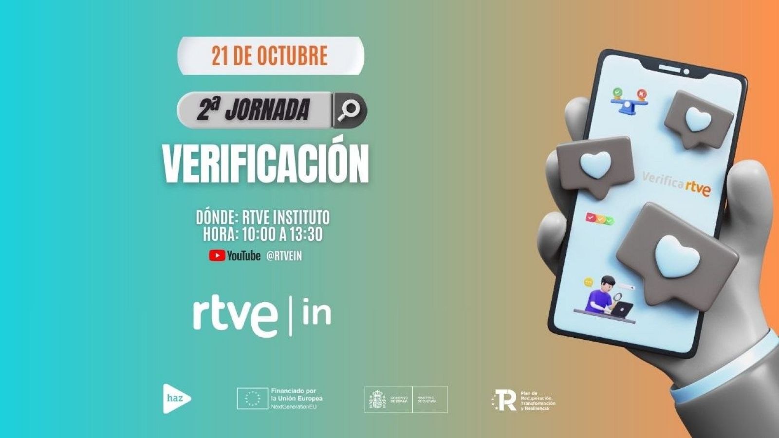 Un anuncio moderno promociona una jornada sobre verificación el 21 de octubre. Presenta una mano en 3D con un móvil que muestra iconos y texto relacionados con la verificación, junto con información sobre el evento y logotipos.