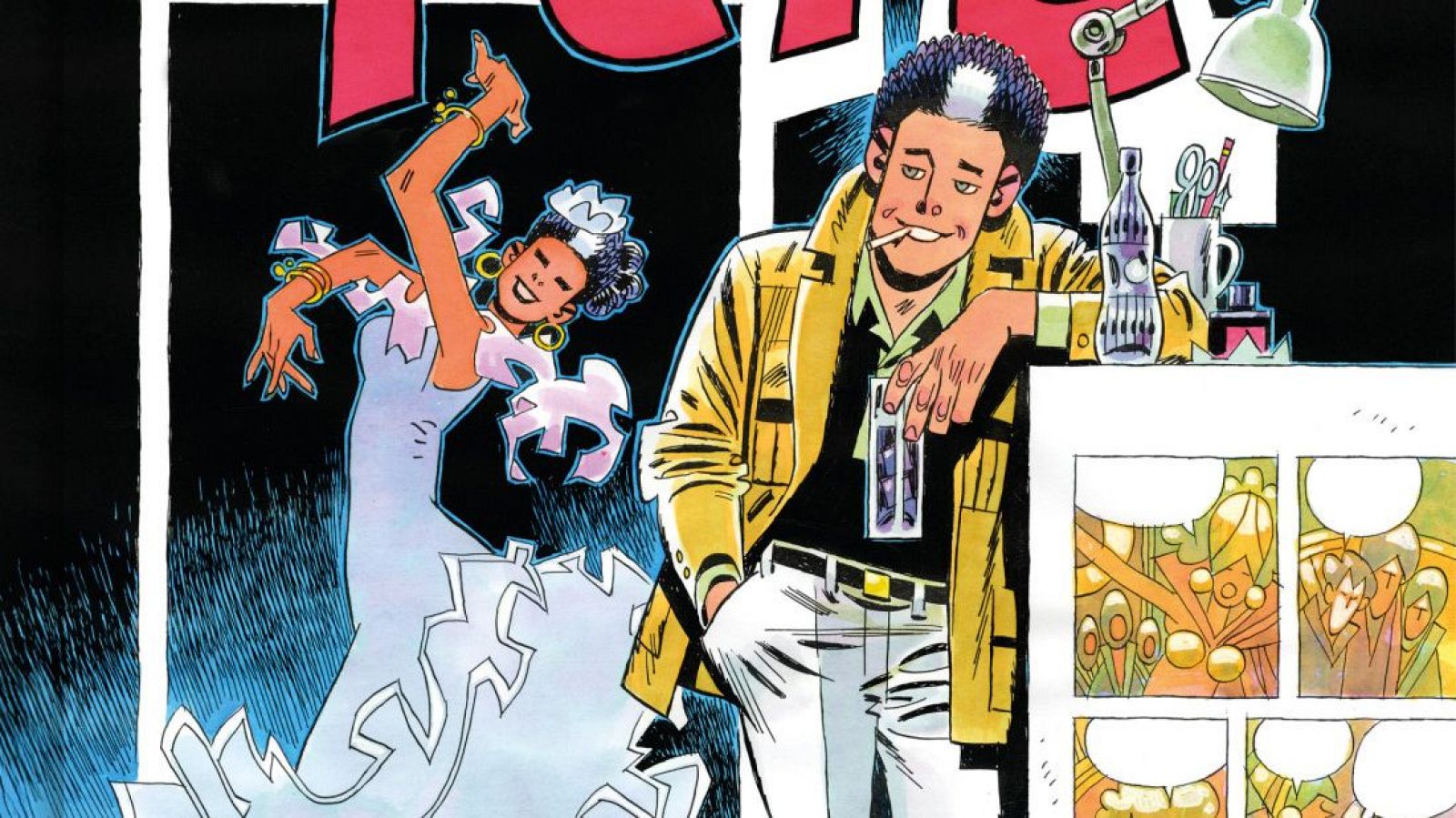 En la portada de un cómic, un hombre con chaqueta amarilla fuma apoyado en una mesa con objetos. Al fondo, una bailarina con un vestido blanco y adornos dorados. En la parte inferior, viñetas con dibujos abstractos.