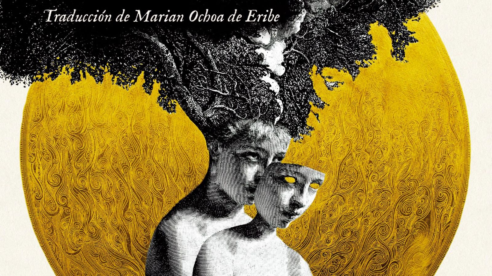 La imagen muestra la portada de un libro con dos figuras humanas en primer plano, una de ellas con una máscara blanca y ojos amarillos, abrazada por otra figura de la que brotan ramas negras. El fondo es un círculo dorado con líneas onduladas.