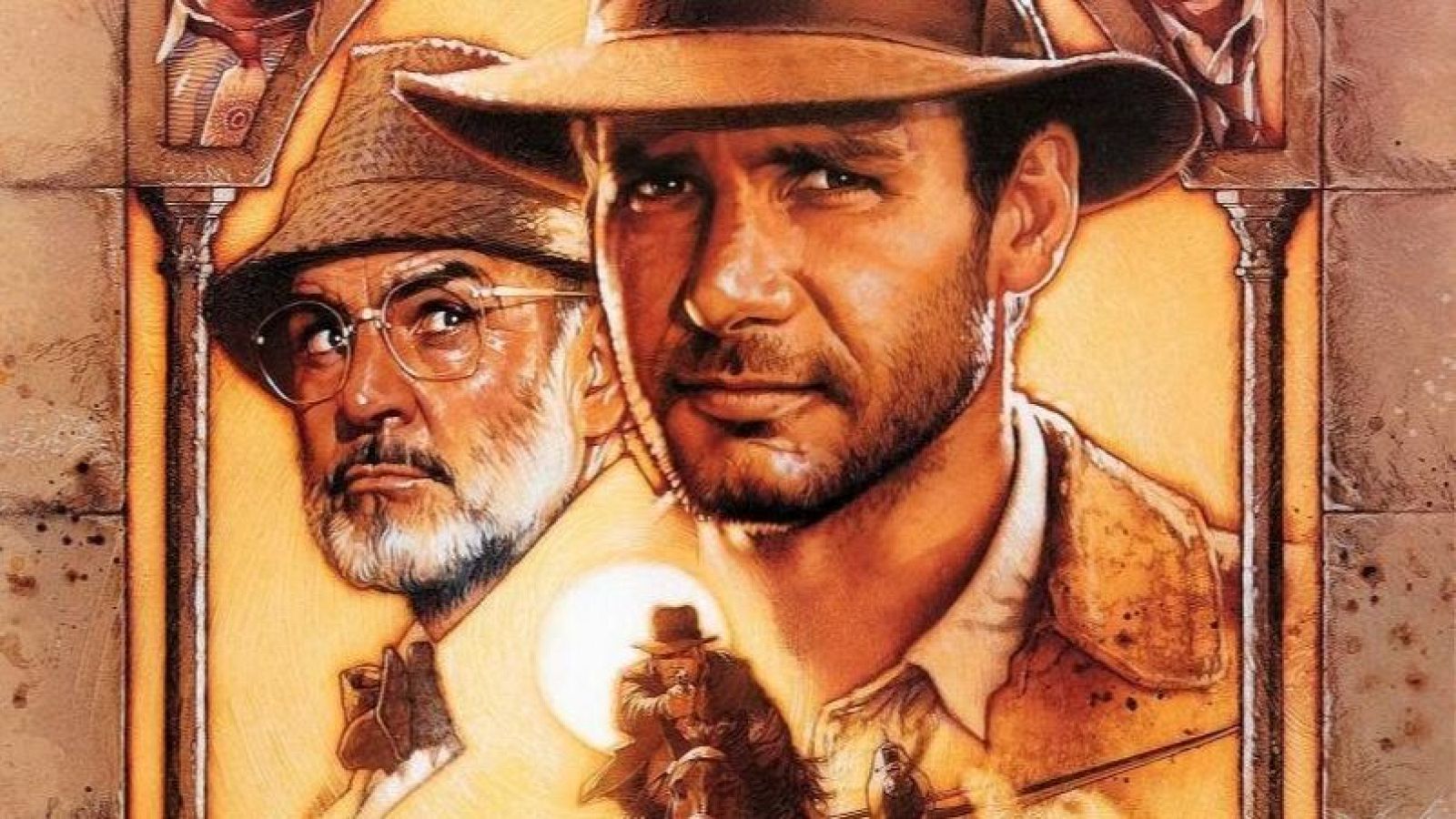 El cartel de la película "Indiana Jones y la calavera de cristal" muestra a un hombre con sombrero, posiblemente el personaje principal, junto a otro hombre. La paleta de colores incluye tonos cálidos como marrones y amarillos.