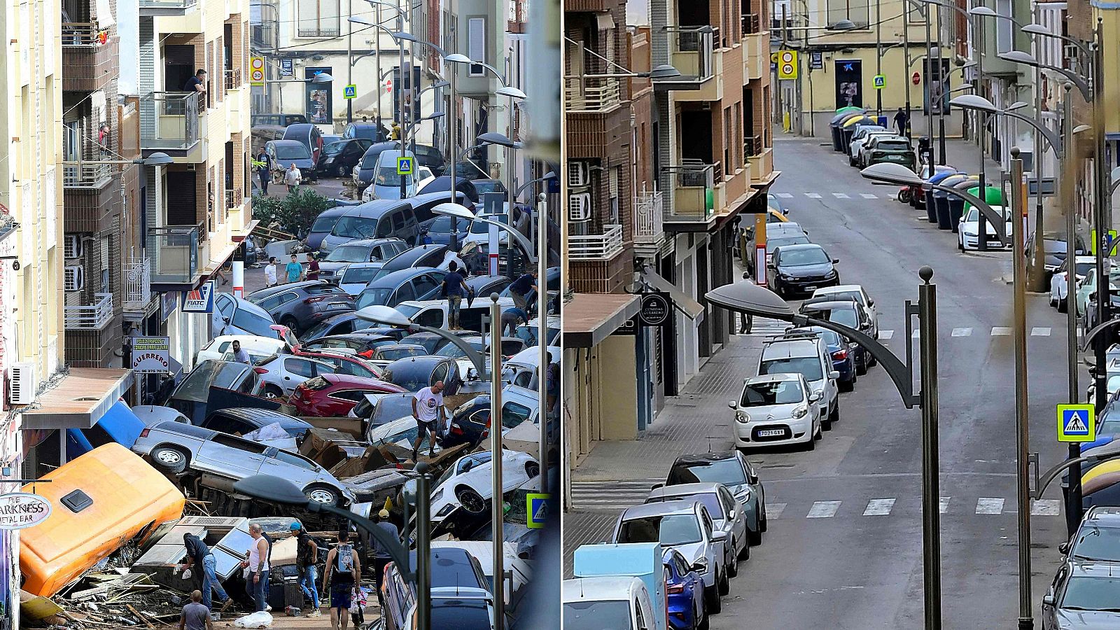 Un año después de la dana enValencia: una calle de Sedaví cubierta de coches apilados y escombros el 30 de octubre de 2024 y la misma calle, limpia y despejada, el 7 de septiembre de 2025