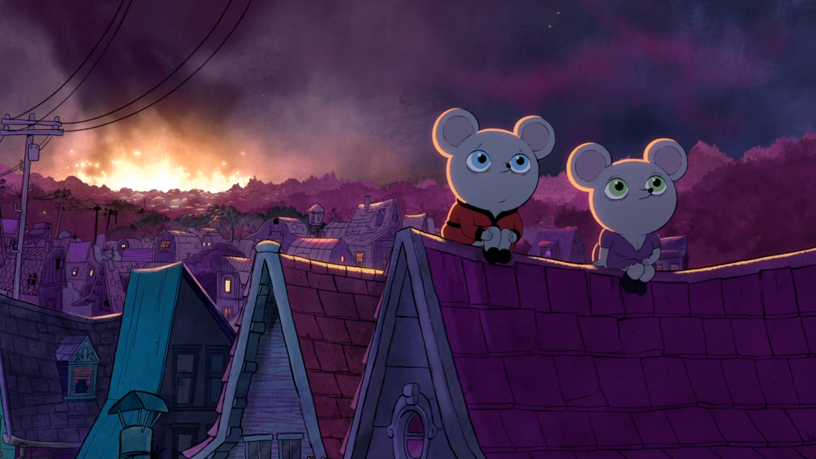 Dos ratones grises, uno con chaqueta roja y otro con camisa morada, se sientan en un tejado púrpura. El cielo, con tonos morados y anaranjados, sugiere el crepúsculo, con un pueblo de fondo.