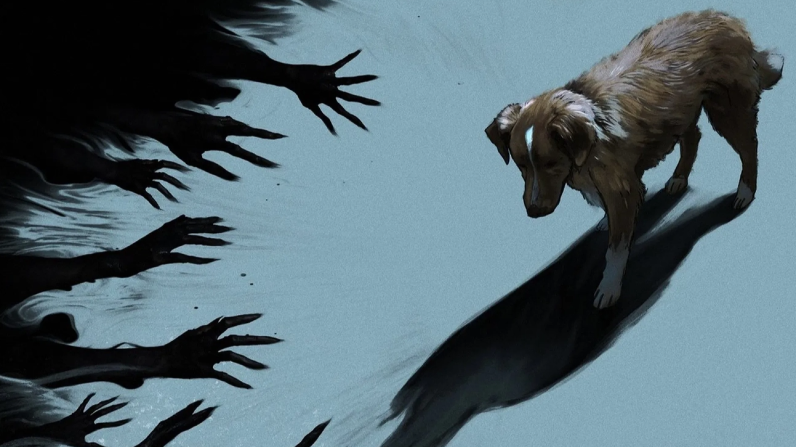 Ilustración de Indy, un retriever, sobre fondo azul grisáceo; su sombra se alarga mientras desde la izquierda avanzan manos negras de sombra hacia él. Arte de Good Boy.